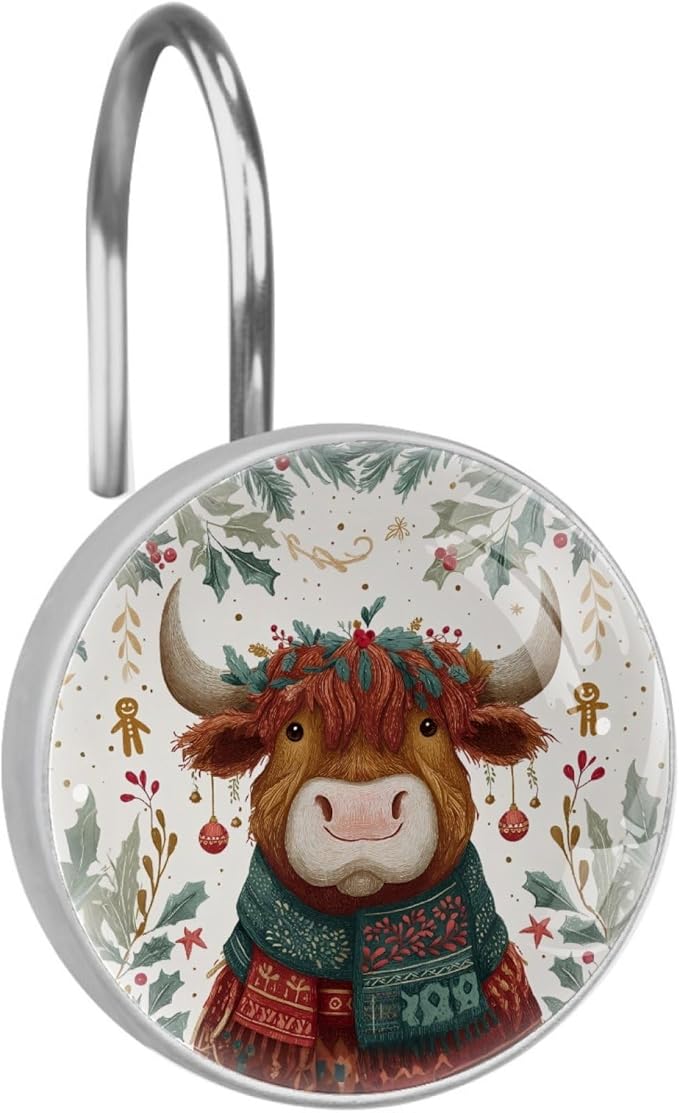 Highland Cows and Leaves Rust Proof Shower Curtain Hooks 12Pcs for Bathroom Shower Rod, Decorative Shower Hooks Shower Curtain Hanger Rings Roller, Glass, Resin, Stainless Steel