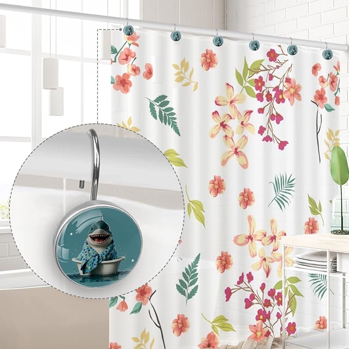 Bathing Cartoon Shark Shower Curtain Hooks Rings, Stainless Steel Rust Proof Shower Curtain Hooks, Decorative Shower Hooks for Bathroom Shower Rods Curtains, Set of 12