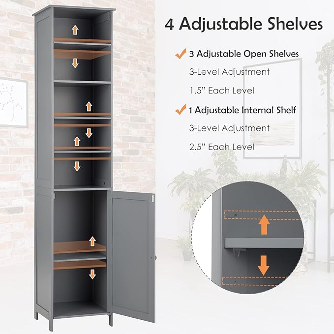 HAPPYGRILL Tall Bathroom Storage Cabinet, 72” Slim Bathroom Cabinet Organizer with 5 Open & 2 Adjustable Shelves, Anti-Tilt Design, Freestanding Storage Cabinet for Bathroom Living Room (Grey)