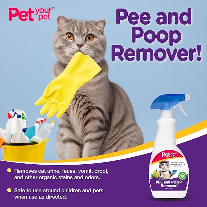Cat Pee and Poop Remover 32 fl Oz – All-in-One Pet Stain and Odor Remover with Plant-Derived Ingredients – Stain and Odor Removers for Upholstery, Carpets & Hard Floors