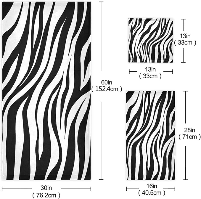 3 Piece Zebra Animal Skin Print Bath Towels Set,Microfiber Modern Black White Striped Abstract Decorative Bathroom Towels,1 Bath Towel 1 Hand Towel for Bathroom Kitchen,1 Washcloth for Face