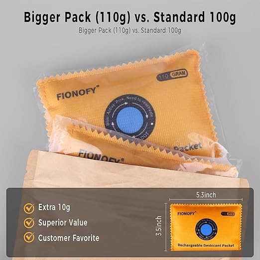 110g [10 Packs] Reusable Desiccant Packs for Storage, Rechargeable Color-Changing Silica Gel Desiccant Packets - Moisture Absorbers for Storage Bins, Suitcase, Safes, Electronics & 3D Filaments