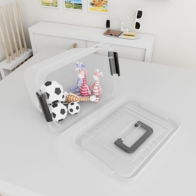 Lidded Storage Bin, Tote Organizing Container with Handle and Buckles, Stackable, Plastic, Clear, 6.8Qt, Pack of 20