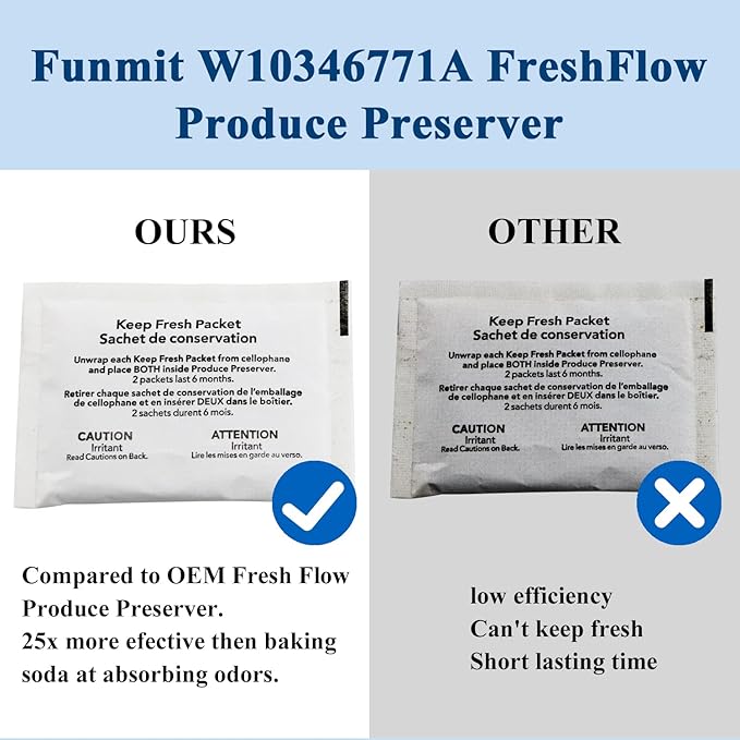 Funmit W10346771A FreshFlow Produce Preserver Replacement for Whirlpool Refrigerator Replace W10346771 2117689 AP5324183 AH3503014 EAP3503014 PS3503014 (3 Pack - 6 Pouches)