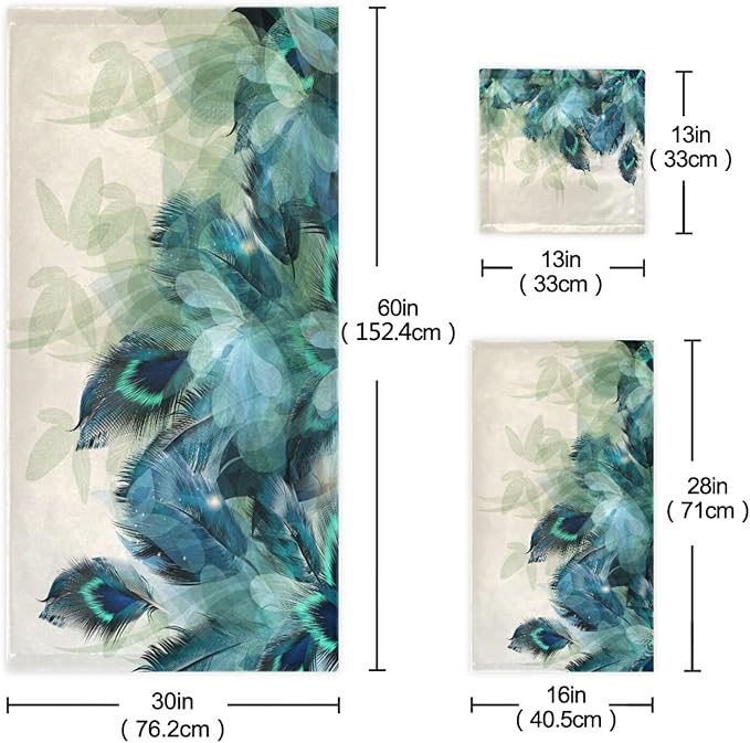 Bath Towels Set,Soft Absorbent Watercolor Peacock Feather Teal Turquoise Floral Green Leaf Print 3 Piece Bathroom Towels,1 Bath Towel,1 Hand Towel,1 Washcloth,Decorative Towels for Spa,Gym