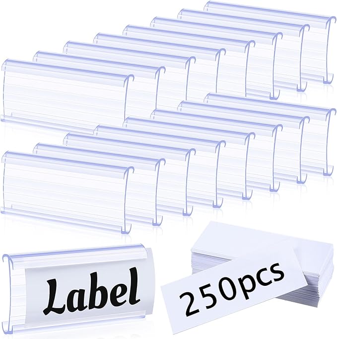 Yulejo 250 Pieces Wire Shelf Label Holders Wire Label Holder Plastic Shelf Tags for Shelving Clips with Paper Inserts, Compatible with 1-1/4 Inch Shelves
