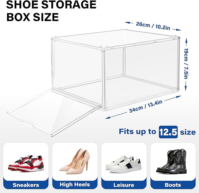 12 Pack Drop Front Shoe Boxes Acrylic Box Sneaker Case Size 12, Transparent Display Cases for Sneaker Collections, Baseball Caps, Hat Organizer Dust-free Shoe Cubbies Stackable Sneaker Boxes