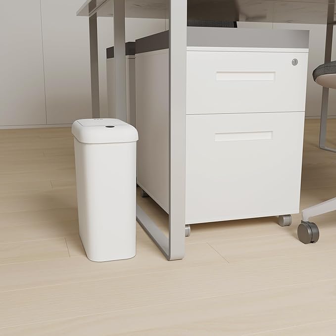 EKO Automatic Bathroom Trash Can with Lid, 2.6 Gallon Slim Touchless Garbage Can, Waterproof Motion Sensor Trash Bin for Bathroom, Office, Kitchen, White