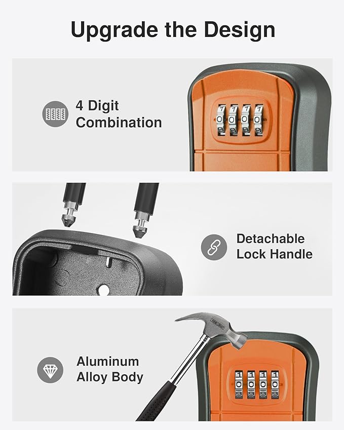 Puroma Key Lock Box, Portable Combination Lockbox Wall-Mounted Key Storage Box for House Keys, Resettable Code Safe Security Lock Box for Home, Office, Apartment Spare Key Storage (1 Pack, Orange)