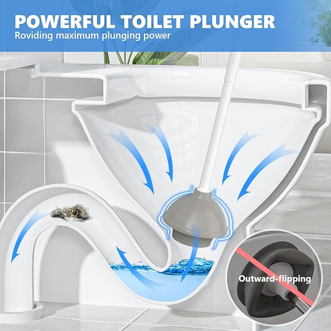 Toilet Plunger and Brush, Bowl Brush and Heavy Duty Toilet Plunger Set with Ventilated Holder, 2-in-1 Toilet Brush and Plunger Combo for 5.3-inch Toilet Drain Bathroom Cleaning (Black)