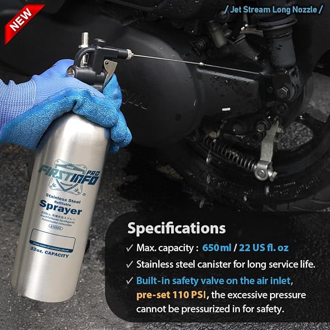 FIRSTINFO A1636K Patented Max. Pressure 110 psi / 650ml Stainless Steel Canister Aerosol Refillable Fluid Spray Can/Pneumatic Compressed Air Sprayer