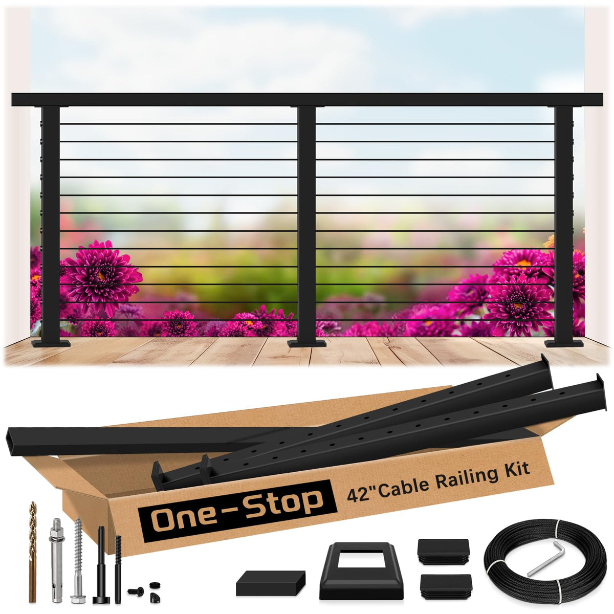 4ft-8ft Modular 42in Cable Railing System for Deck with Handrail - Image 1