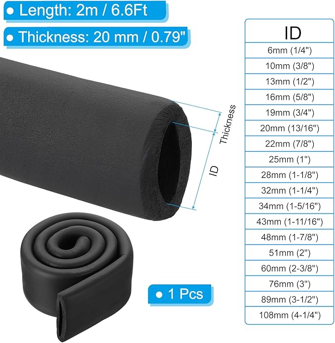 PATIKIL 3"(76mm) ID x 6.6Ft Pipe Insulation Foam Tubes, Pipe Cover Wrap Roll Bar Padding Tubing for Handle Grip HVAC Outdoor Air Conditioner Units, Black