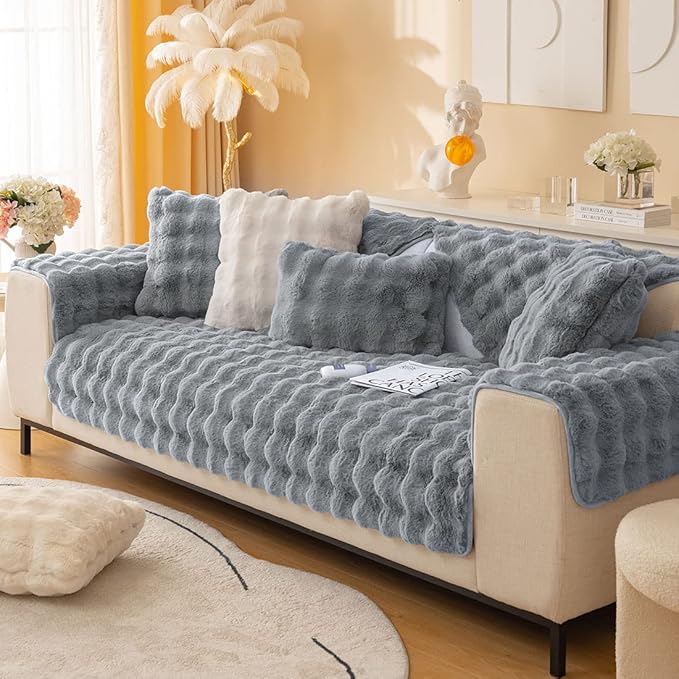 Soft Warm Faux Fur Couch Sofa Cover Thick Shaggy Fuzzy Sectional Couch Cover Non-Slip Solid Color Plush Sofa Slipcover Furniture Protector for Kids, Pets (Dark Grey,36"x70")