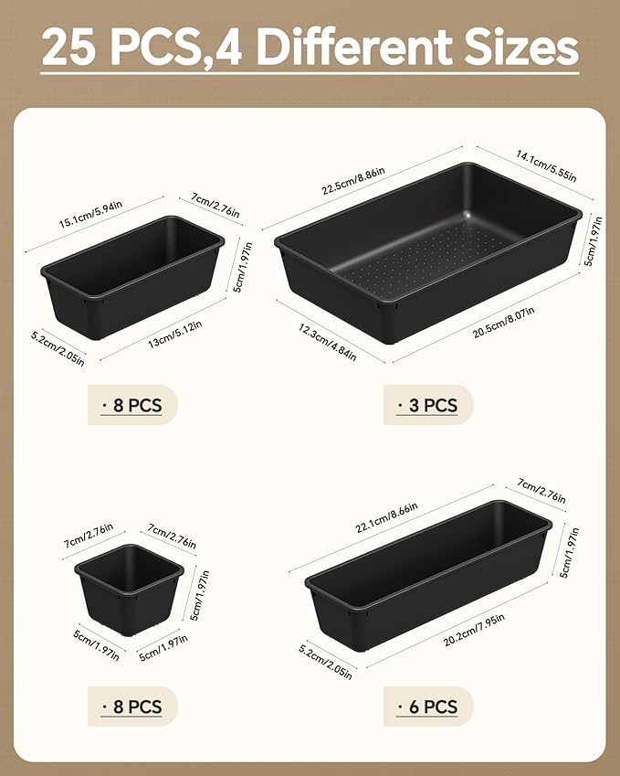 25 PCS Plastic Drawer Organizers Set, 4 Sizes Vanity Organizer, Makeup and Desk Drawer Organizer Trays, Organization and Storage for Makeup, Bathroom, Kitchen Utensils and Office (Black)