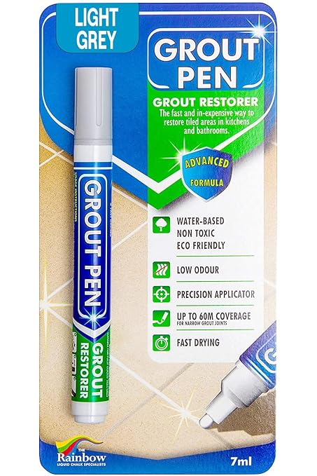 Grout Pen Light Grey Tile Paint Marker: Waterproof Grout Paint, Tile Grout Colorant and Sealer Pen - Light Grey, Narrow 5mm Tip (7mL)