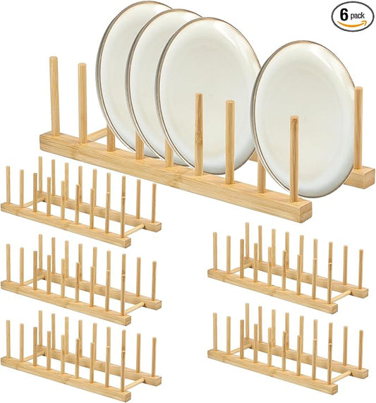 6 Pack Bamboo Dish Dying Rack 8-Slot Wooden Plate Stand Holder Pot Lid Organizer Home Kitchen Cabinet Drainer Storage Racks for Dish, Pots, Lids, Bowls, Cups, Cutting Boards, Books