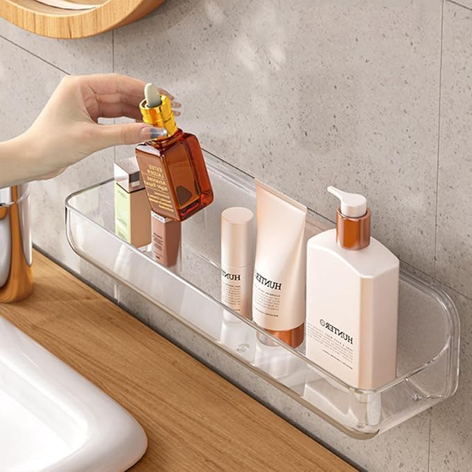 No-Drill Acrylic Shower Caddy – Wall Mounted Bathroom Shelf with Drain Holes, Strong Adhesive, Large Capacity for Shower, Kitchen, RV – Sandra Series