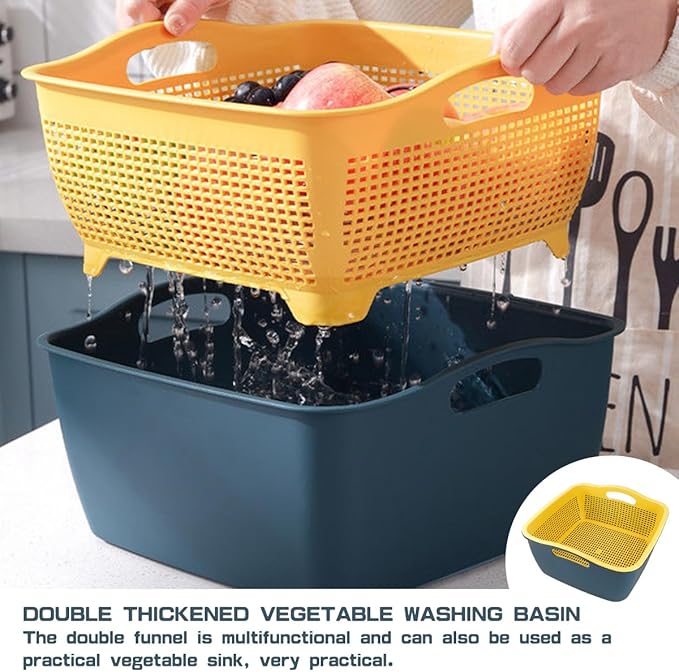 Double-layer Draining Basket Plastic Fruits & Vegetable Washing Basket for Kitchen (Blue)