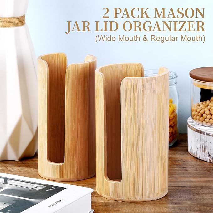 2 Pack Mason Jar Lid Organizer (Wide Mouth & Regular Mouth) Bamboo Ball Jar Wooden Storage Accessories for Home Kitchen Organization & Tumbler Lids, Fit Mason/Canning/Bamboo Lids