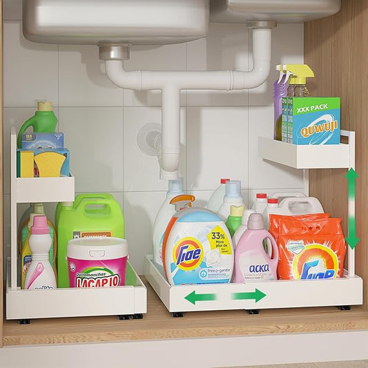 Expandable Under Sink Organizer, 2-Tier Under Cabinet Organizer, Height Adjustable Pull Out Rack for Kitchen Bathroom Laundry, White, 2 Pack