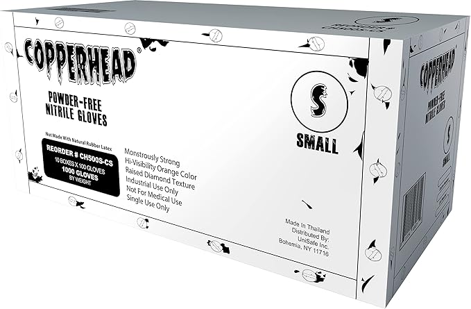 Copperhead HD Orange Nitrile Disposable Gloves, 8 Mil, Latex and Powder Free, Industrial, Food Safe, Raised Diamond Texture