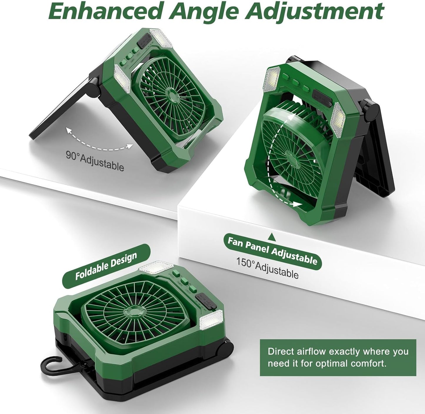 Solar & USB Rechargeable Camping Fan – 10000mAh Battery, 3-Speed, LED Light, Quiet Cordless Fan for Tent, RV & Emergencies