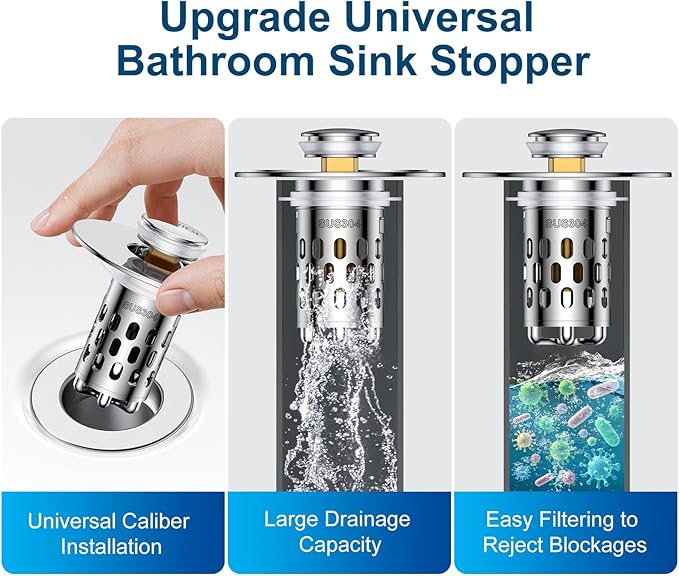 Bathroom Sink Stopper,All Metal Pop-Up Sink Drain Strainer with Removable Stainless Steel Filter Basket, Universal Bathroom Hair Catcher Fit for 1.1-2.36'' Drain (Silver, 2 Pack)