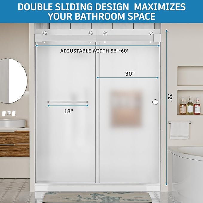 Frameless Shower Door, 56-60" W x 78" H 3/8" (10mm) Thick Tempered Frosted Glass Shower Door with Explosion-Proof Film Nano Coating, Double Sliding Doors for Walk in Shower, Stainless Steel Hardware