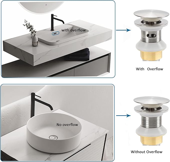 Bathroom Sink Drain,Drain Stopper Bathroom Sink with Overflow,Pop Up Drain Assembly with Detachable Strainer Basket,Built-in Anti-Clogging Strainer,Stainless Steel Brushed Nickel