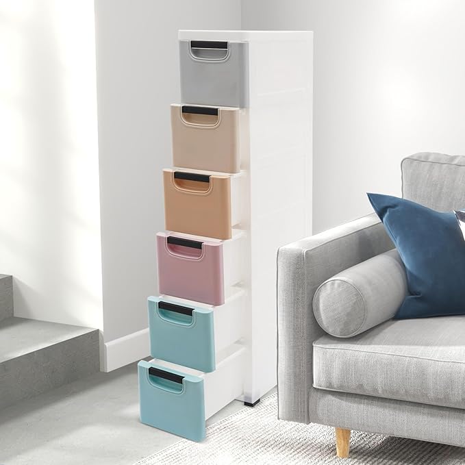 6 Drawers Storage Cart Rolling Storage Drawer Cart Narrow Plastic Dresser Rolling Organizer Cart Storage Unit on Wheels Bathroom Art Craft Supplies Mobile Slim Utility (Pale color)
