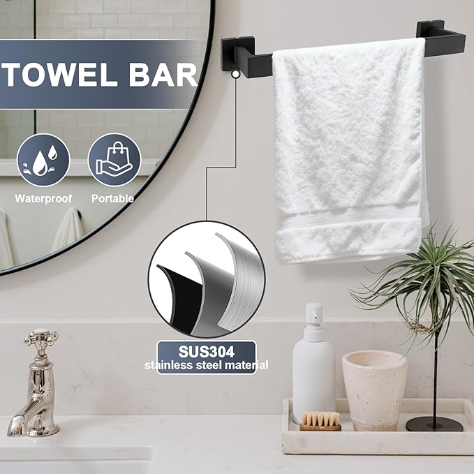 Matte Black Bathroom Hardware Accessories Set, 5 Pcs 304 Stainless Steel Bathroom Towel Holder Bar Set, Towel Rack and Toilet Paper Holder for Bathroom Wall Mounted