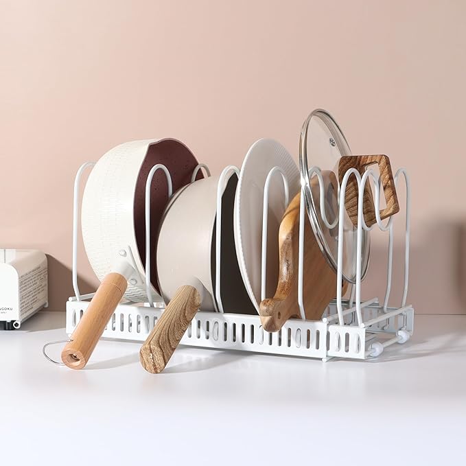 Expandable Pots and Pans Organizer Rack, Pot Lids Cutting Boards Kitchen Cabinet Organizer Holder with 7 Adjustable Compartments, Cookware Bakeware Rack for Kitchen Cabinet Countertop Storage, White