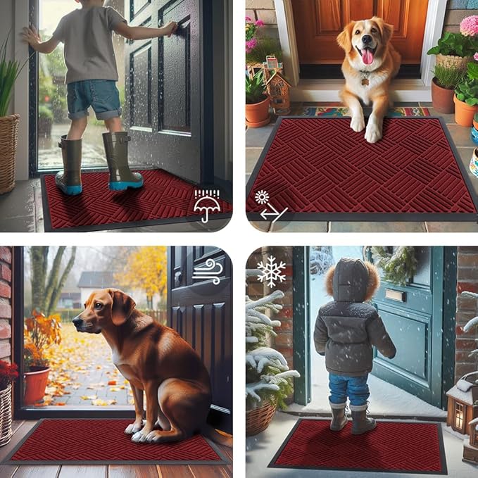 Smiry Front Door Mat Outside Entrance, Heavy Duty Outdoor Indoor Mat, Natural Rubber Doormat, Non Slip, Trap Dirt and Moisture, Easy Clean, Low Profile Patio Porch Entryway Mat, 47x23, Wine Red