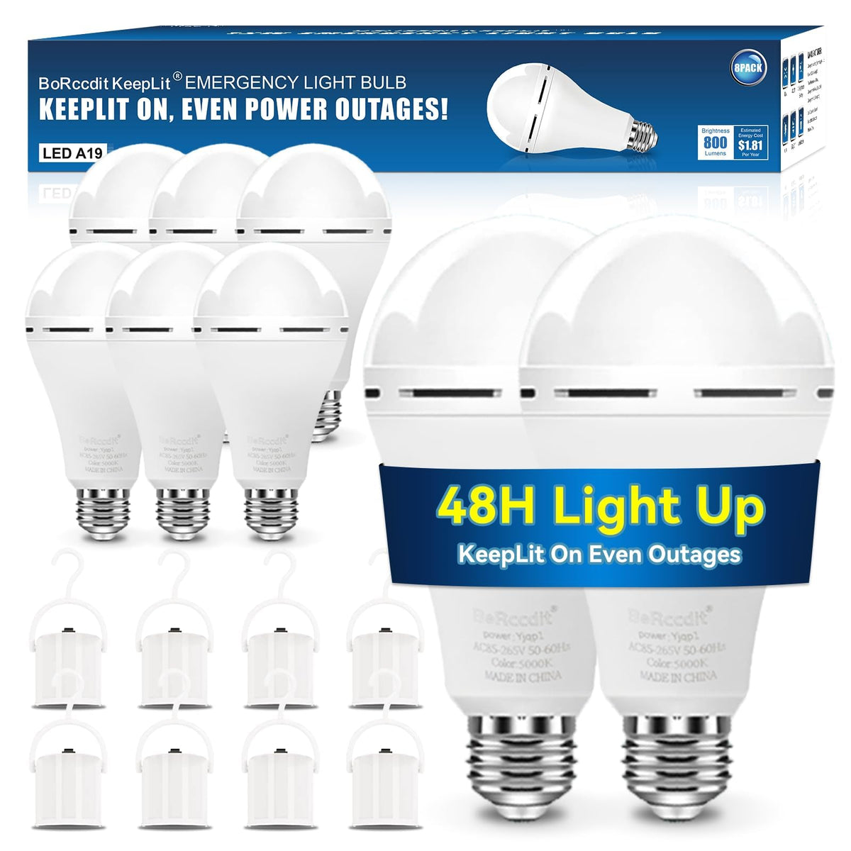 KeepLit 8PK Emergency Rechargeable Light Bulbs, 48H Battery - Image 1