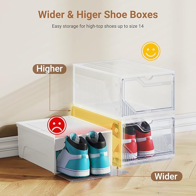 XX-Large Shoe Sneaker Storage Boxes for Size 14, Stackable & Thicken Clear Plastic Shoe Organizers 12 Packs for Entryway Closet Under Bed, Shoe Storage Cabinets Container Display Case w/ Magnetic Door