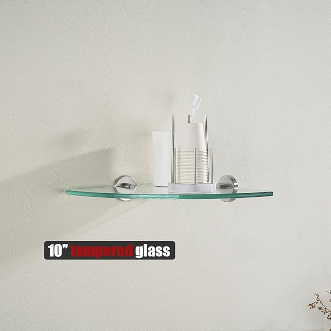 JQK Corner Glass Shelf, Brushed Steel Bathroom 304 Stainless Steel Shower Triangle Floating Wall Shelf, 10 x 10 Tempered Glass, 3 Pack, TGS190L10-BN-P3