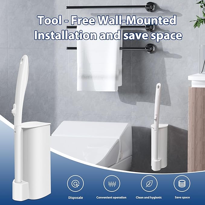 Disposable Toilet Brush Set with 70 Refills, Wall-Mounted Toilet Bowl Wand Kit-1 Extend Toliet Wand, 1 Storage Holder&70 Disposable Refill Pre-Filled Cleaning Solution for Deep Cleaning Toilet,1 Pack