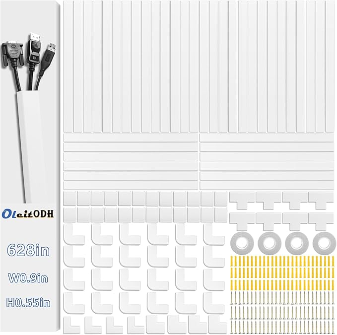 Cord Cover Raceway Kit, 628 in Cable Cover Channel, Paintable Cord Concealer System Cable Hider, Cord Wires, Hiding Wall Mount TV Powers Cords in Home Office, 40 X L15.7in X W0.95in X H0.55in
