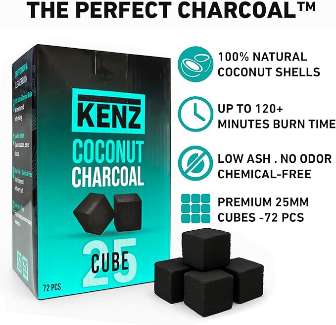 KENZ Coconut Charcoal Cubes 25 mm — 100% Natural, Low Ash, 72 pcs