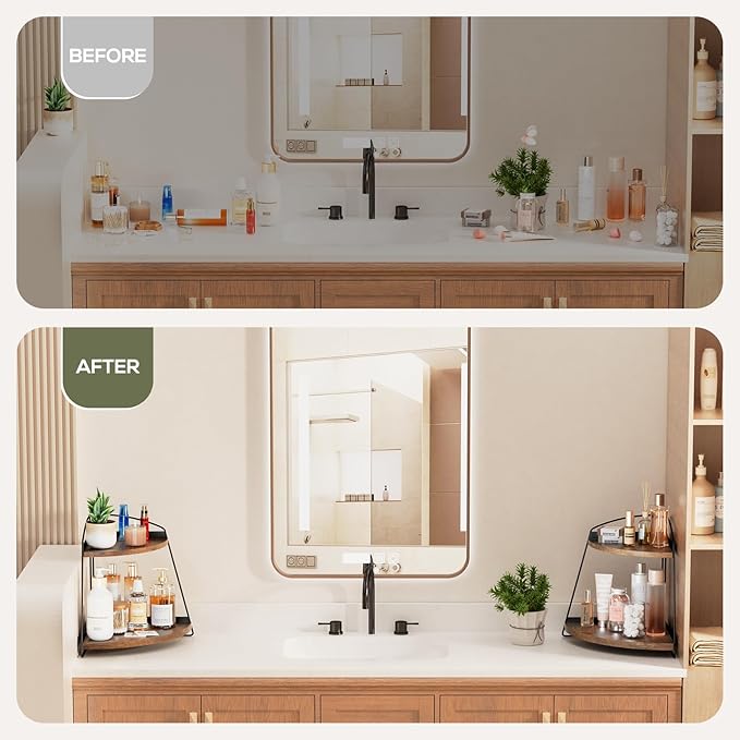 Puricon Bathroom Counter Organizer, 2 Tier Corner Countertop Storage Shelf Bathroom Sink Organizer, Wood Triangle Organization for Skincare Kitchen Vanitity -Brown, 2 Pack