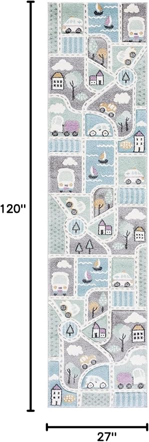 SAFAVIEH Carousel Kids Collection Area Rug - 2'3" x 10' Runner, Grey/Light Blue, Geometric Design, Ideal for High Traffic Areas in Living Room, Bedroom, Dining (CRK193F)