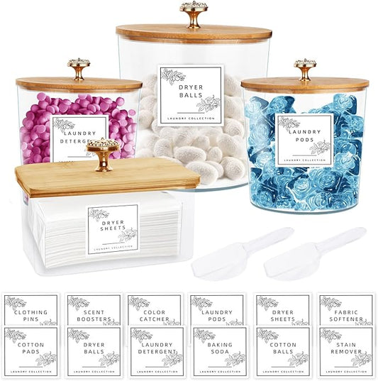 4 Pack Laundry Room Organization Storage Containers Acrylic Jars and Dryer Sheet Holder with Lids and Labels for Laundry Detergent Laundry Pods Containers Dry Sheet Organizing