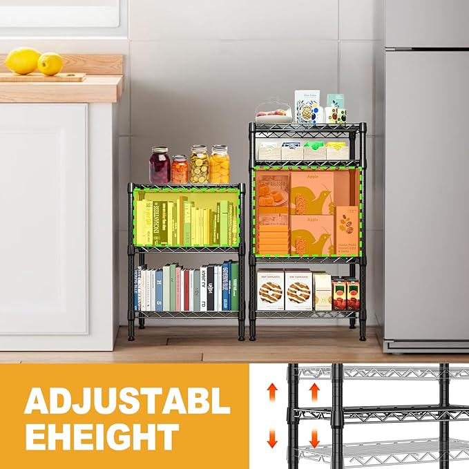 Heavy Duty Stainless Steel Kitchen Storage Rack, Adjustable Shelf Organizer with Non-Slip Mats, Black, for Cabinets, Countertops, Pantries (4-Tier Rack)