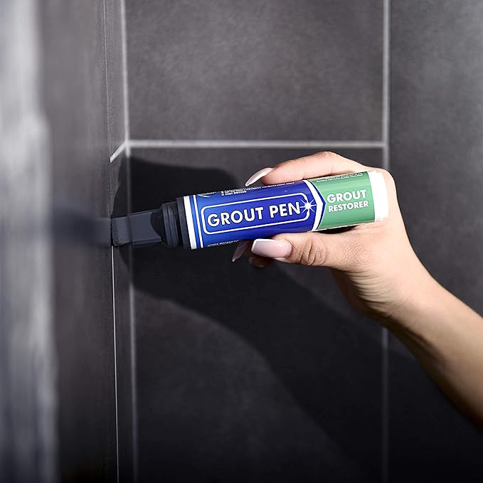 Grout Pen Tile Paint Marker: Waterproof Grout Colorant and Sealer Pen to Renew, Repair, and Refresh Tile Grout - Cleaner Coating Stain Pens - 2 Pack, 5mm Narrow and 15mm Wide Tip Pen - Dark Grey