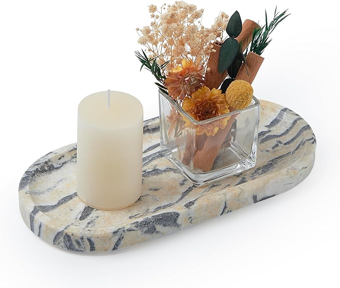 Natural Marble Vanity Tray, Marble Tray for Bathroom countertop,Stone Tray for Storing Perfume, Cosmetics and Jewelry 10 * 5inch （Ink Wash Yellow）