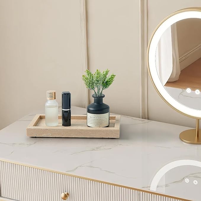 Natural Small Marble Vanity Tray, Luxury Stone Organizer for Bathroom & Kitchen | Holds Soap Dispenser, Jewelry, Perfume | Non-Resin, Non-Ceramic Décor (Travertine, Mini (7.9" x 4.3" x 0.78"))