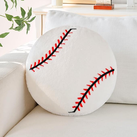 Baseball Pillow,12" Baseball Shaped Pillow Floor Cushion Seating Cushion with Faux Rabbit Fur,Round Ball Throw Pillow Room Décor for Sofa Couch Living Room