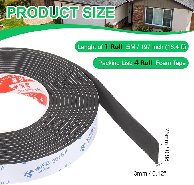 PATIKIL 4Roll Sponge Rubber Foam Tape, 63/64" W x 1/8" t x 16.4ft l Self-Adhesive Foam Insulation Tape Weather Stripping for Window Door Soundproofing Weatherstrip AC Seal Strip, Black