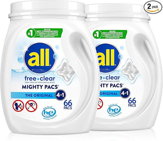 all Unit Dose Laundry Detergent, Mighty Pacs, Free Clear, 132 Count